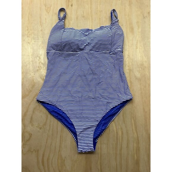 Sea Level Scalloped Square Neck One-Piece Swimsuit Sz 10 Blue Stripe MSRP $155 - Picture 1 of 5